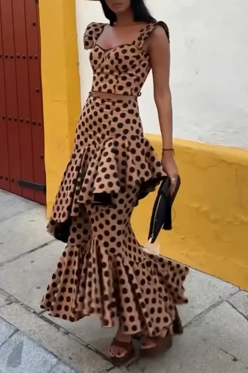 Women's Elegant Asymmetric Flounce Hem Polka Dot Skirt Set