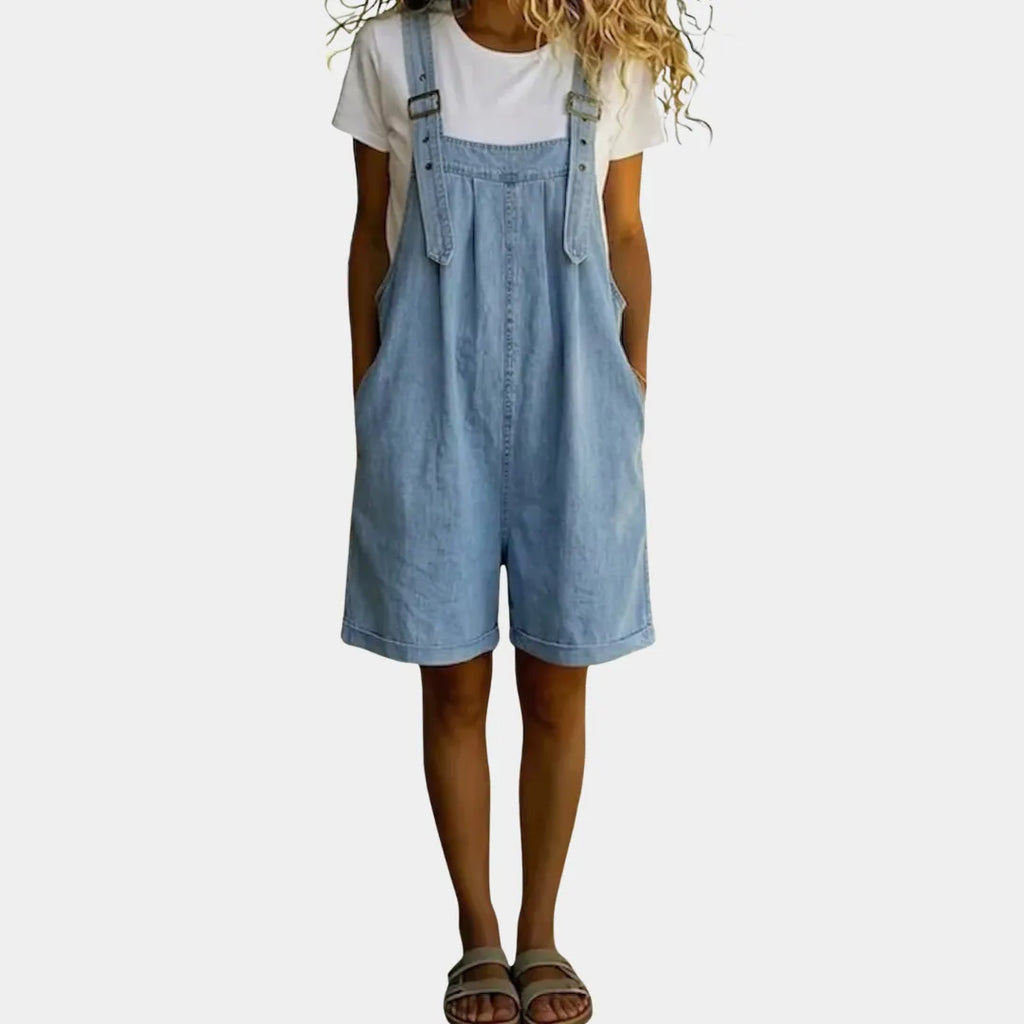 Denim Short Overalls Women Vintage Washed Light Blue Cotton