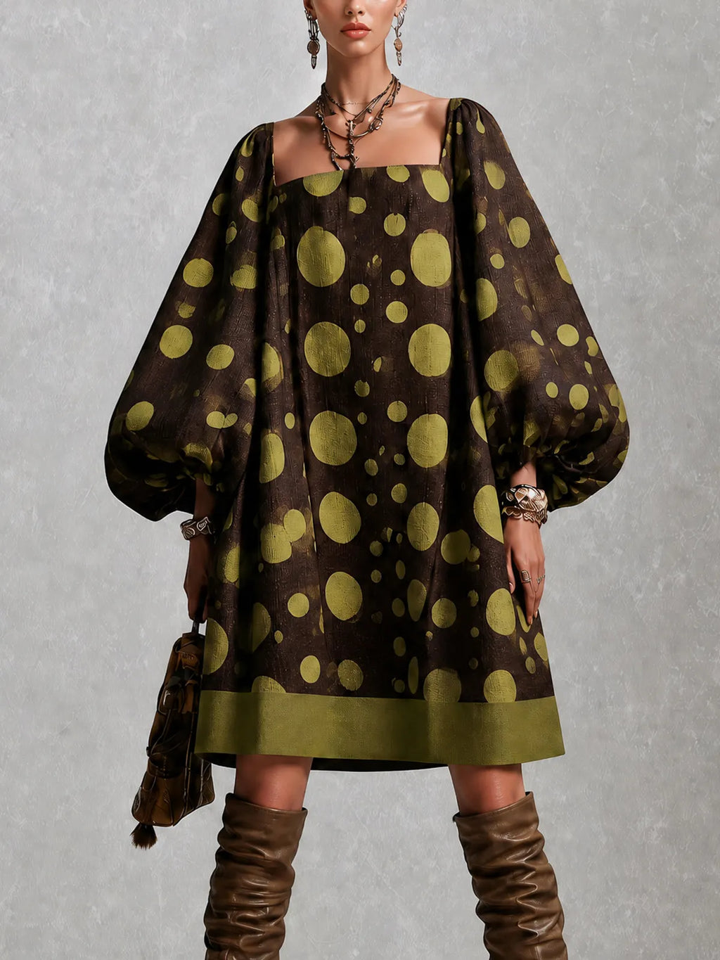 Olive Polka Dot Balloon Sleeve Mini Dress