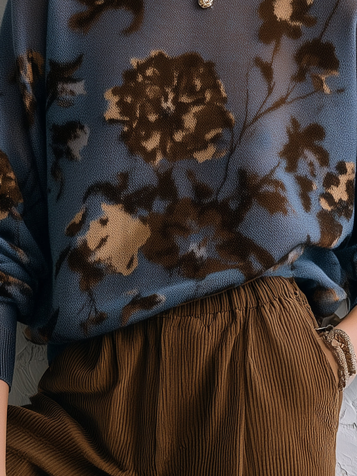 Blue Floral Oversized Knit Sweater