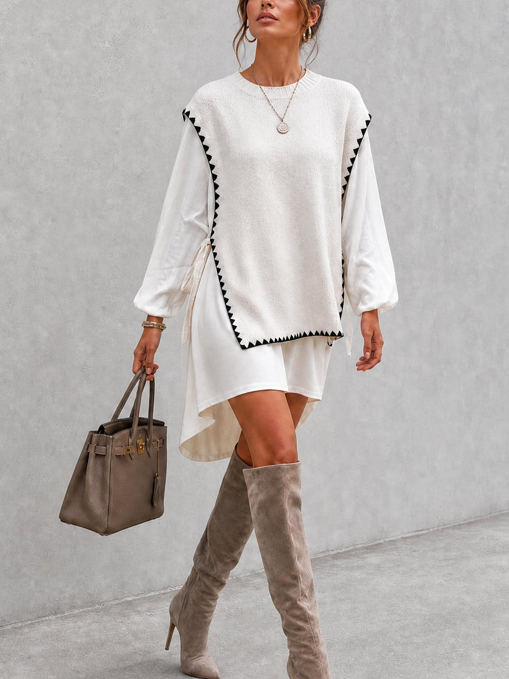 Ivory Contrast Trim Layered Knit Mini Dress Set