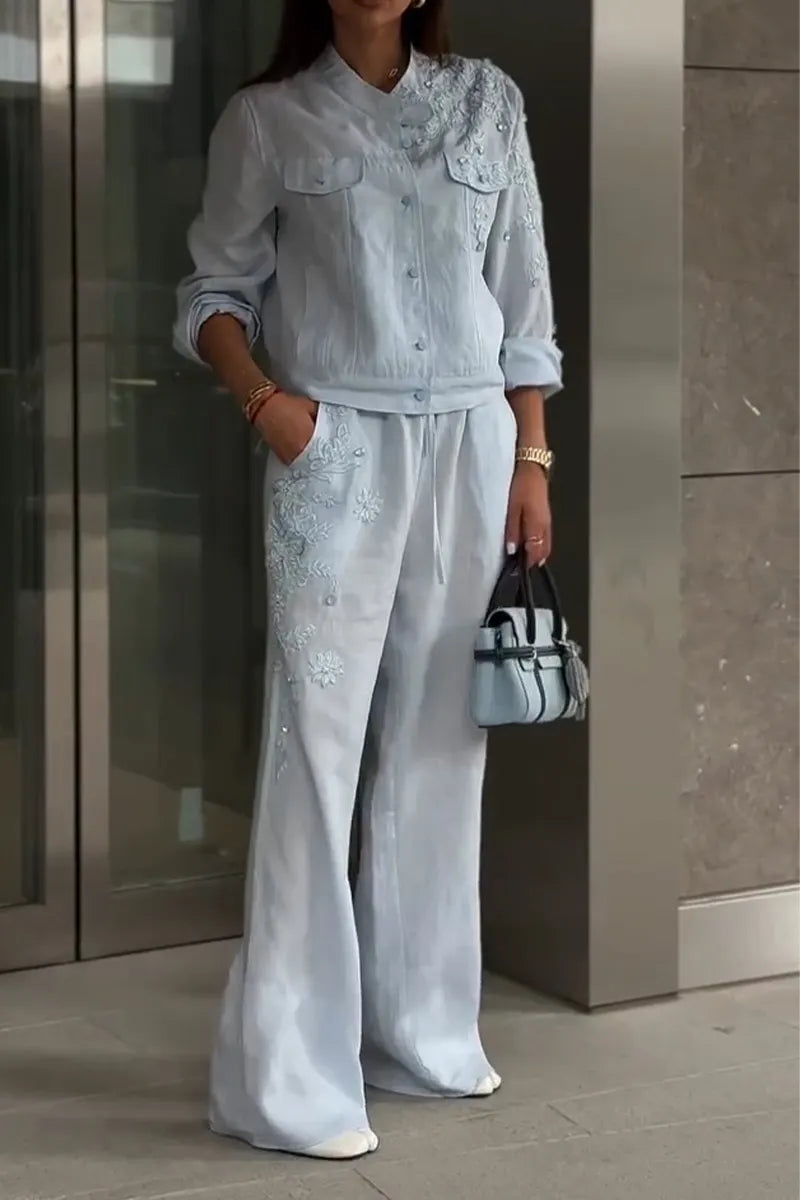 Women Round Neck Embroidered Patterned Jacket or Wide Leg Pants