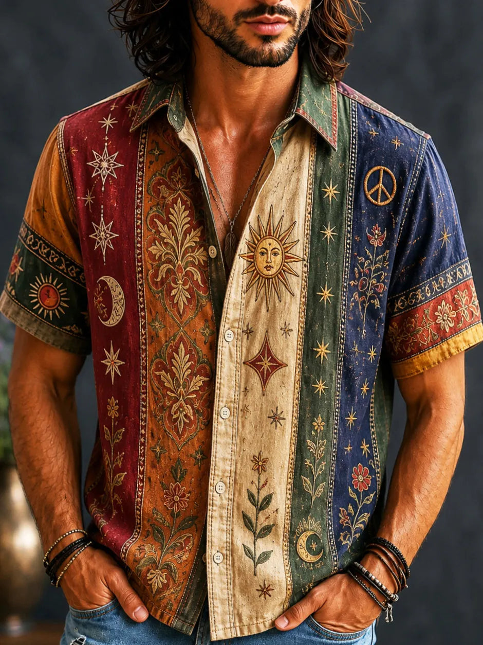 Men's Vintage Flowers Sun Moon Striped Art Patchwork Print Shirt