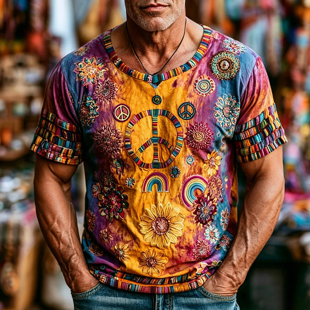 Men's Hippie Peace Symbol And Floral Embroidery Art Distressed Gradient Embroidery Crew Neck Short Sleeve Top