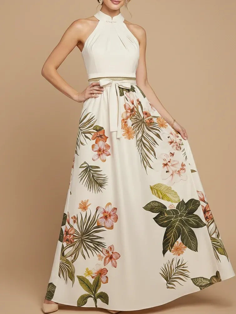 Beige Bow Satin Halter Floral Sleeveless A-Line Maxi Dress