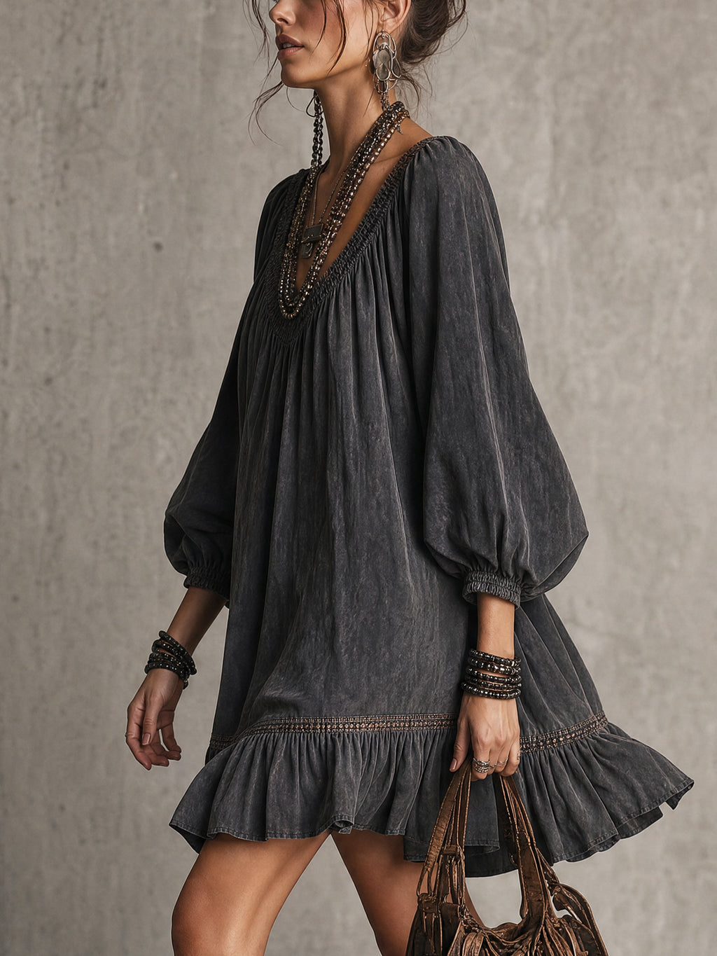Black Washed Cotton V-Neck Loose Mini Dress