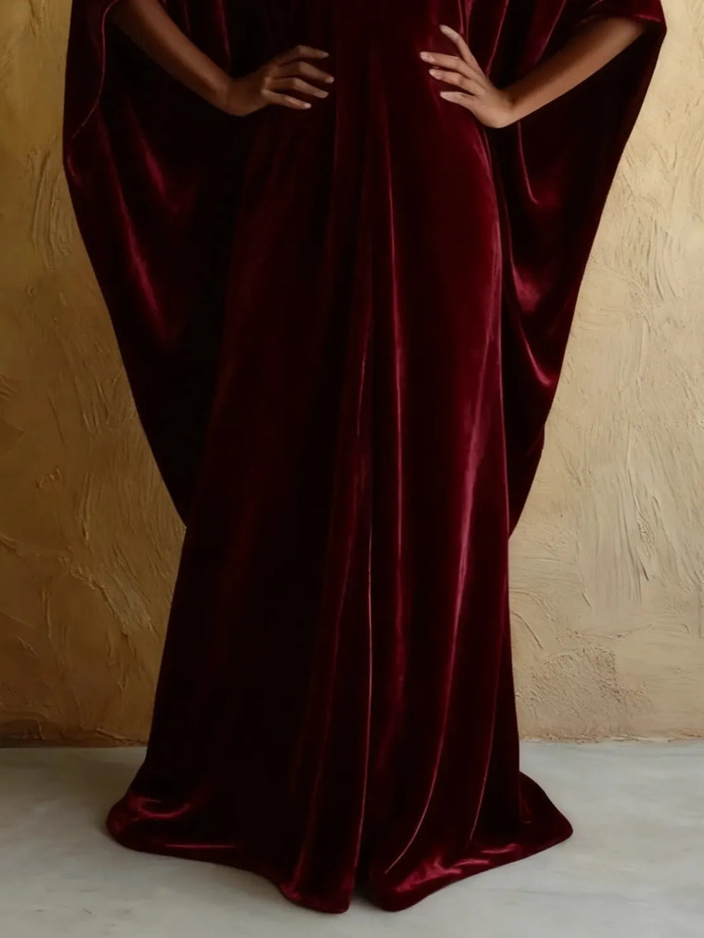 Burgundy Velvet Batwing Sleeve Long Robe Dress