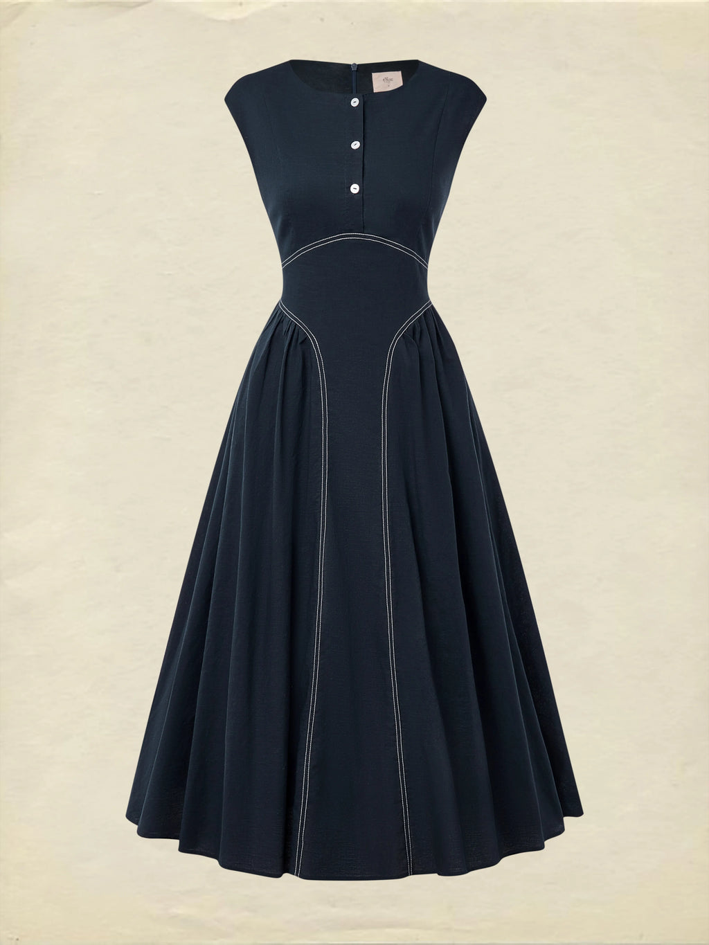 Maxi Linen Dress, Cap Sleeves, Crew Neck, Plain, Pocket Design, French Vintage, Blue
