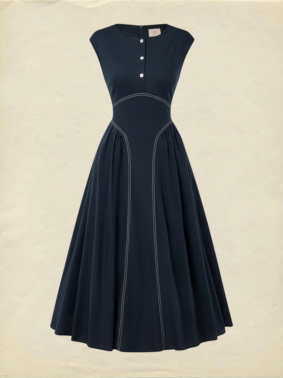 Maxi Linen Dress, Cap Sleeves, Crew Neck, Plain, Pocket Design, French Vintage, Blue