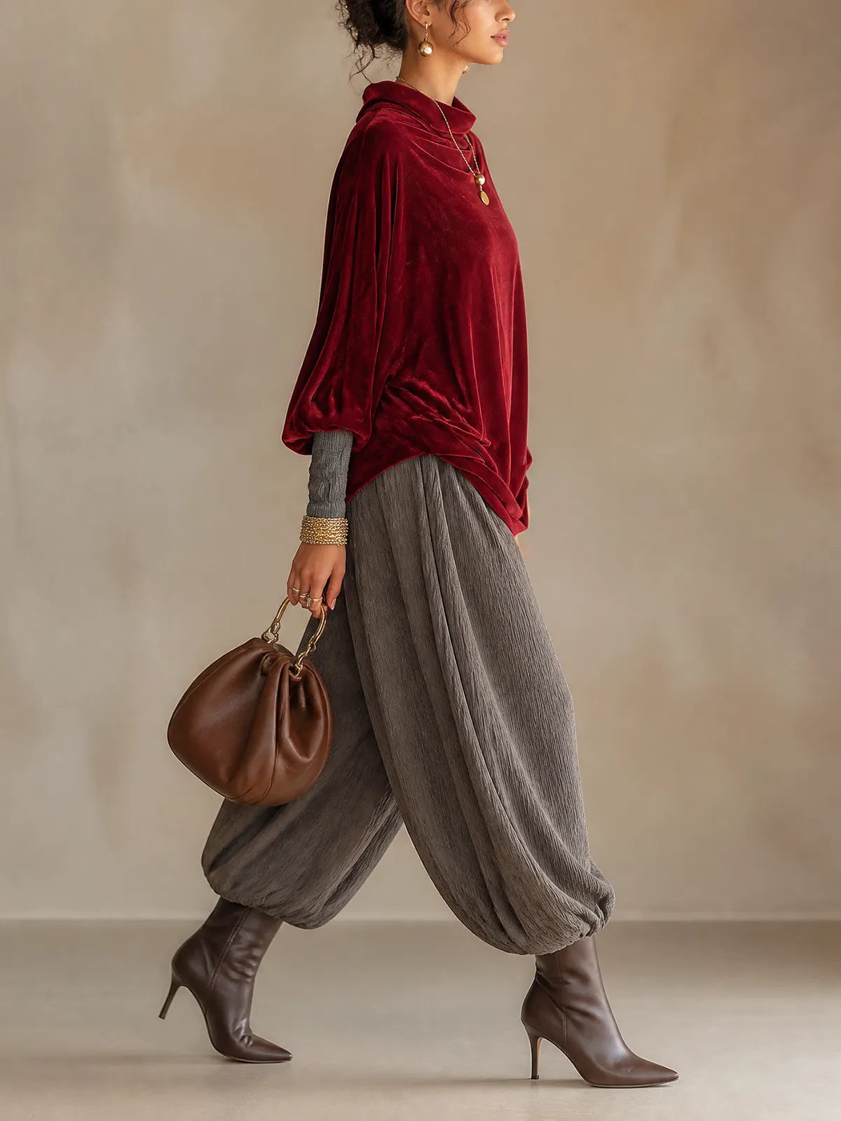 Burgundy Velvet Cowl Neck Top & Grey Crinkled Harem Pant Two‑Piece Set