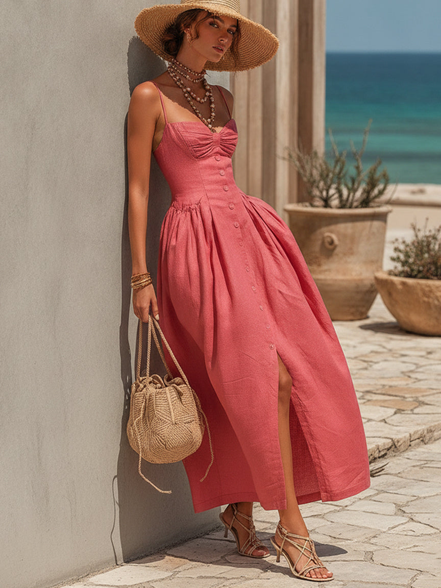 Peach Pink Linen Blend  Maxi Dress