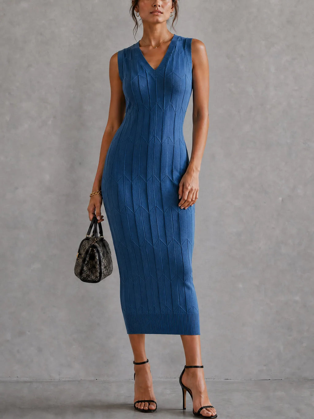 Blue V-Neck Sleeveless Knit Midi Dress