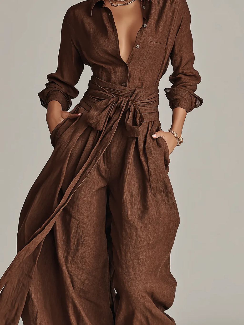 Women's Elegant Brown Woven Cotton-linen Long-sleeved Shirt Collar Jumpsuit With Belt
