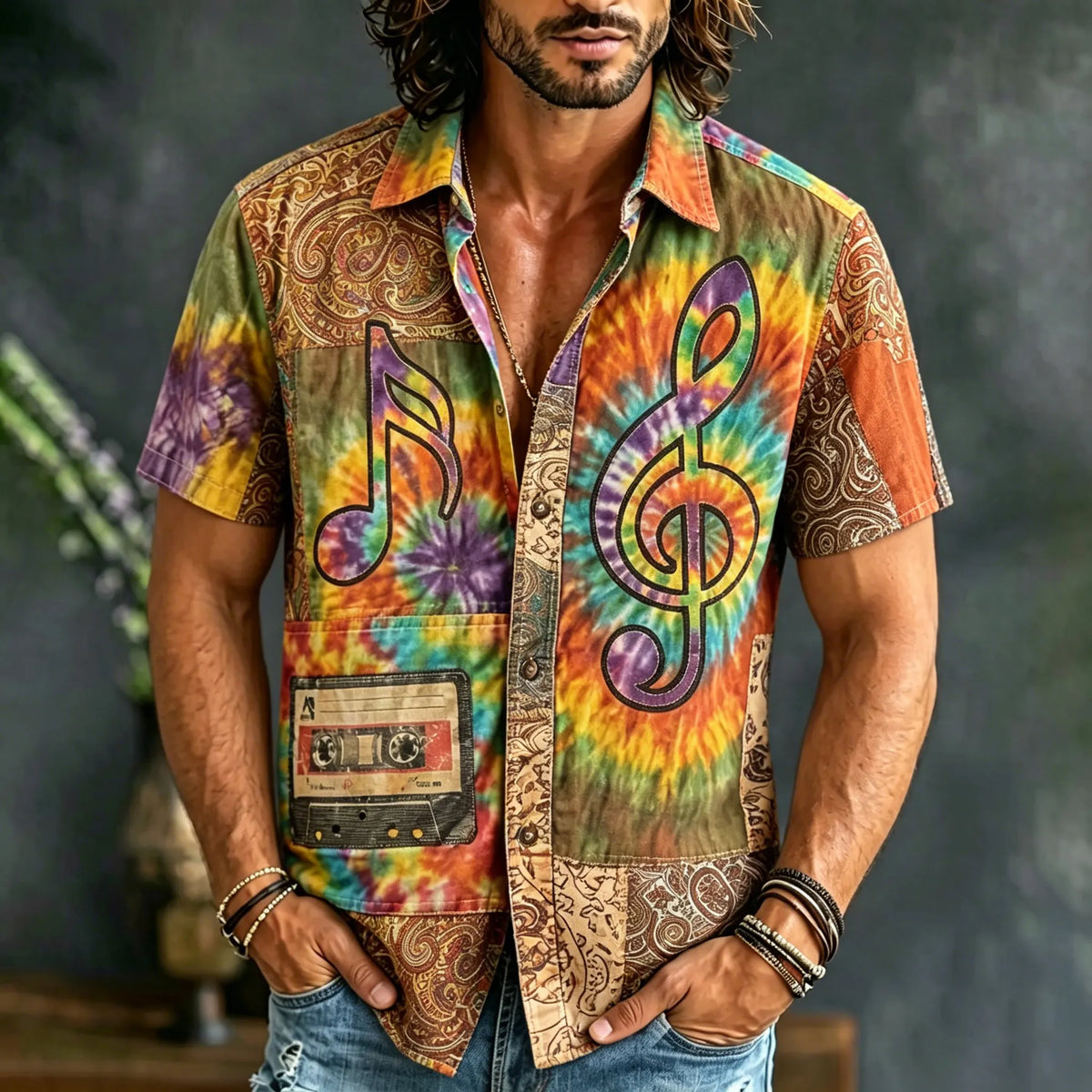 Men's Hippie Music Tie Dye Art Print Casual Shirt