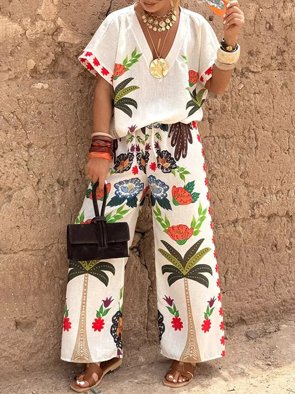 Loose Raglan Sleeve Printed Split-Joint V-Neck Blouses&Shirts Tops