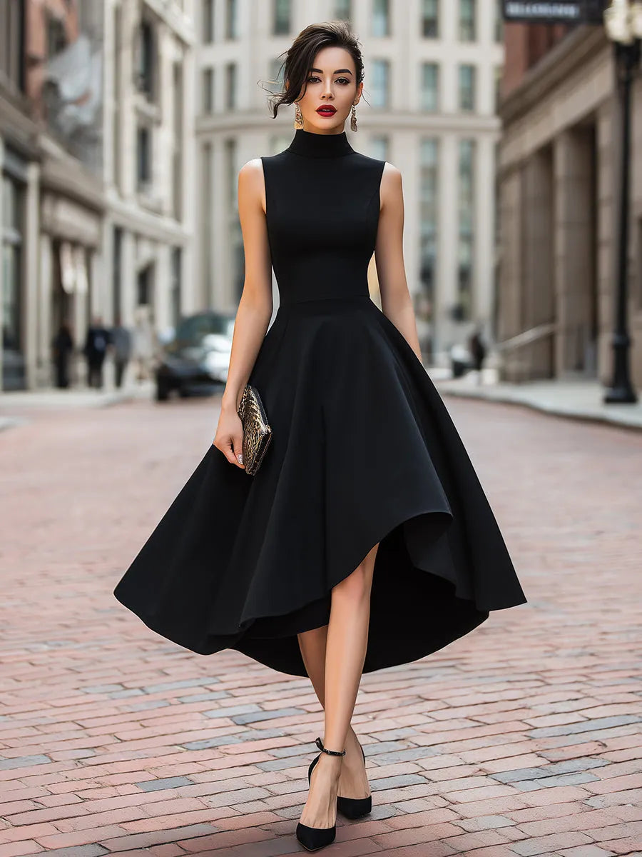 Sleeveless High-Neck Asymmetric Hem A-Line Midi Dress