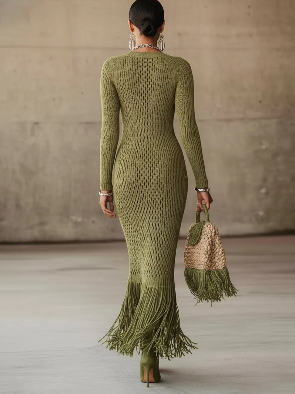 24-Hour-Shipping Olive Green Knit Fringe Hem Bodycon Maxi Dress