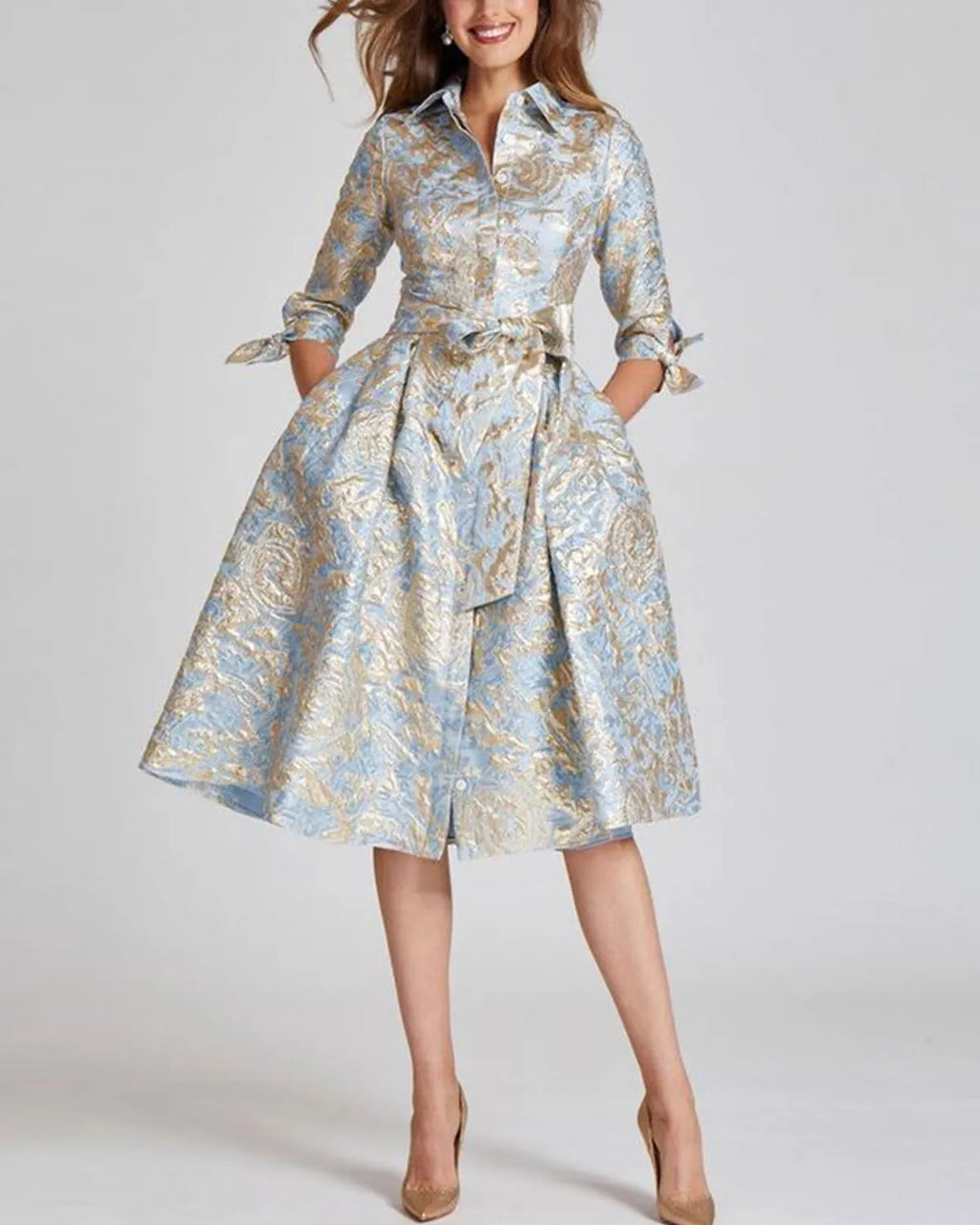 Metallic Pattern Jacquard Shirtdress