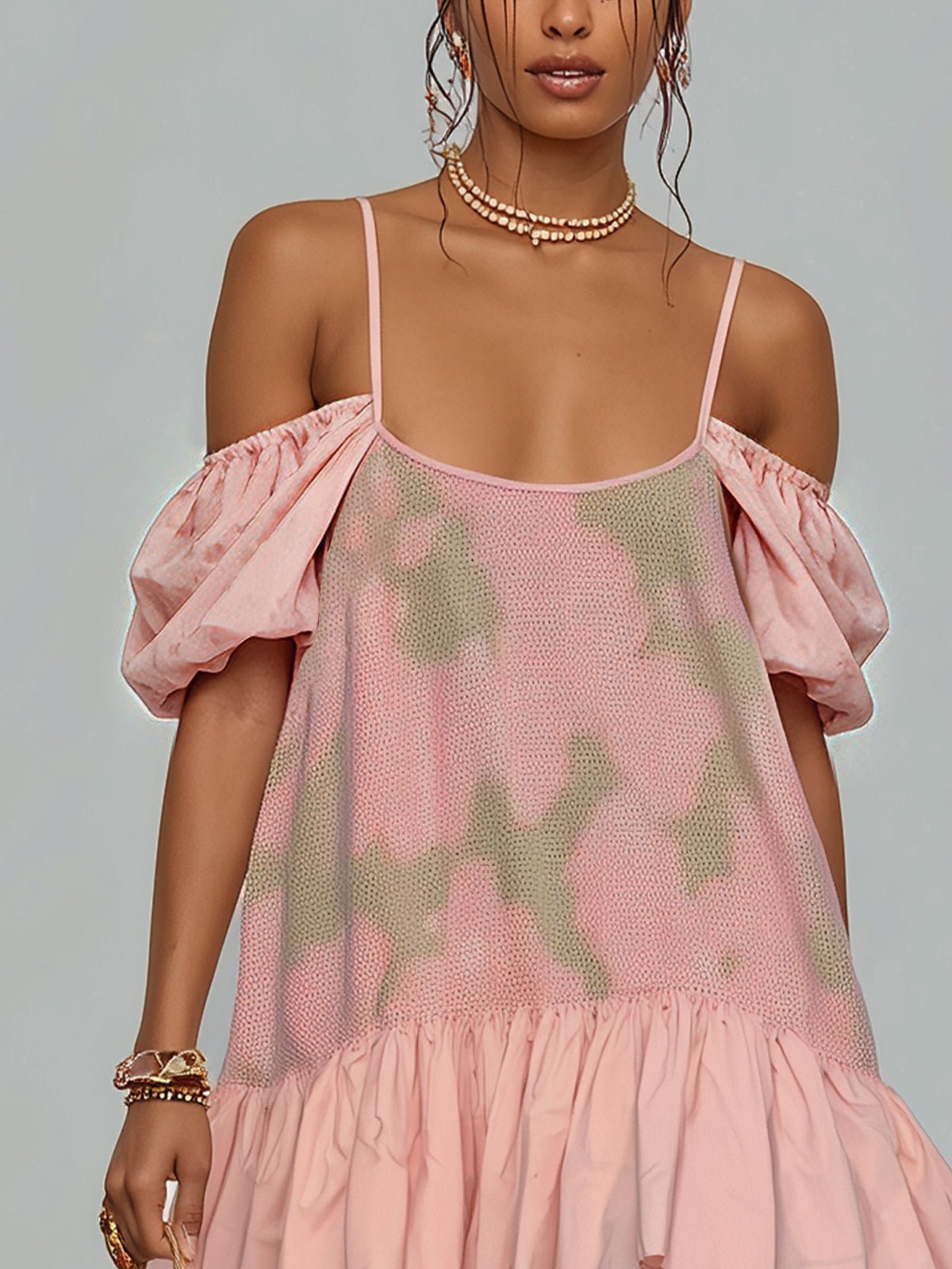 Pink Printed Mesh Mini Dress