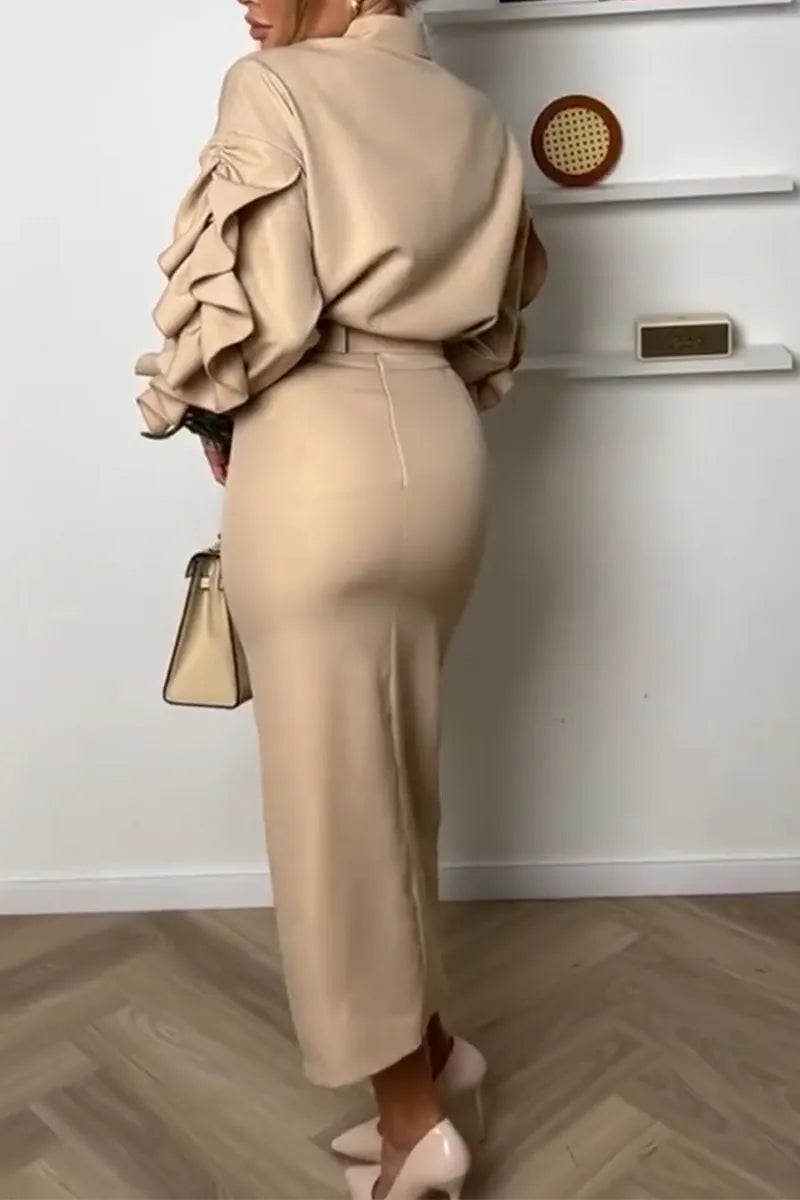 Women Collar Patchwork Top+ Slit Skirt Elegant Temperament Set or Pants Set