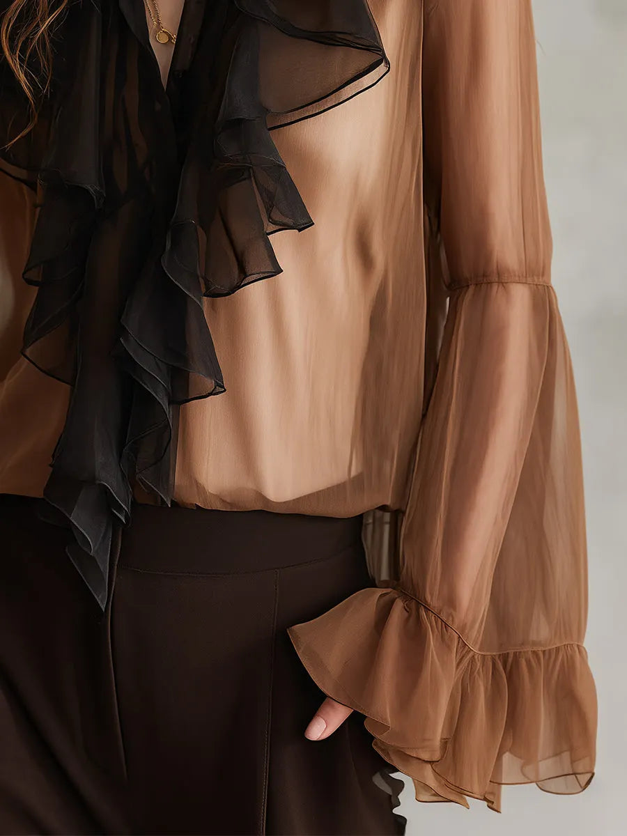 Retro Contrasting Double Layer Chiffon Ruffle Bell Sleeves Blouse