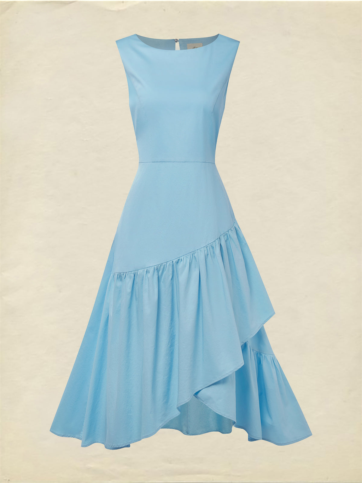 Maxi Cotton Dress , Sleeveless, Round Neck, Plain, Ruffles, French Vintage, Blue