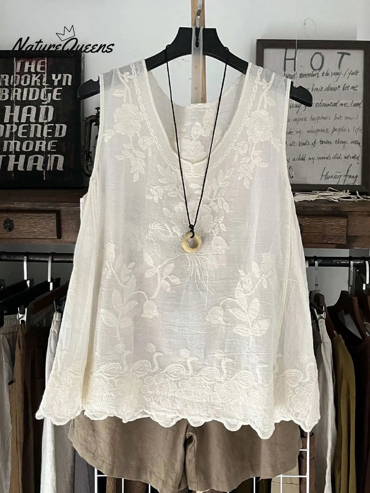 Women's Vintage Lace Sleeveless Cotton And Linen Vest Top