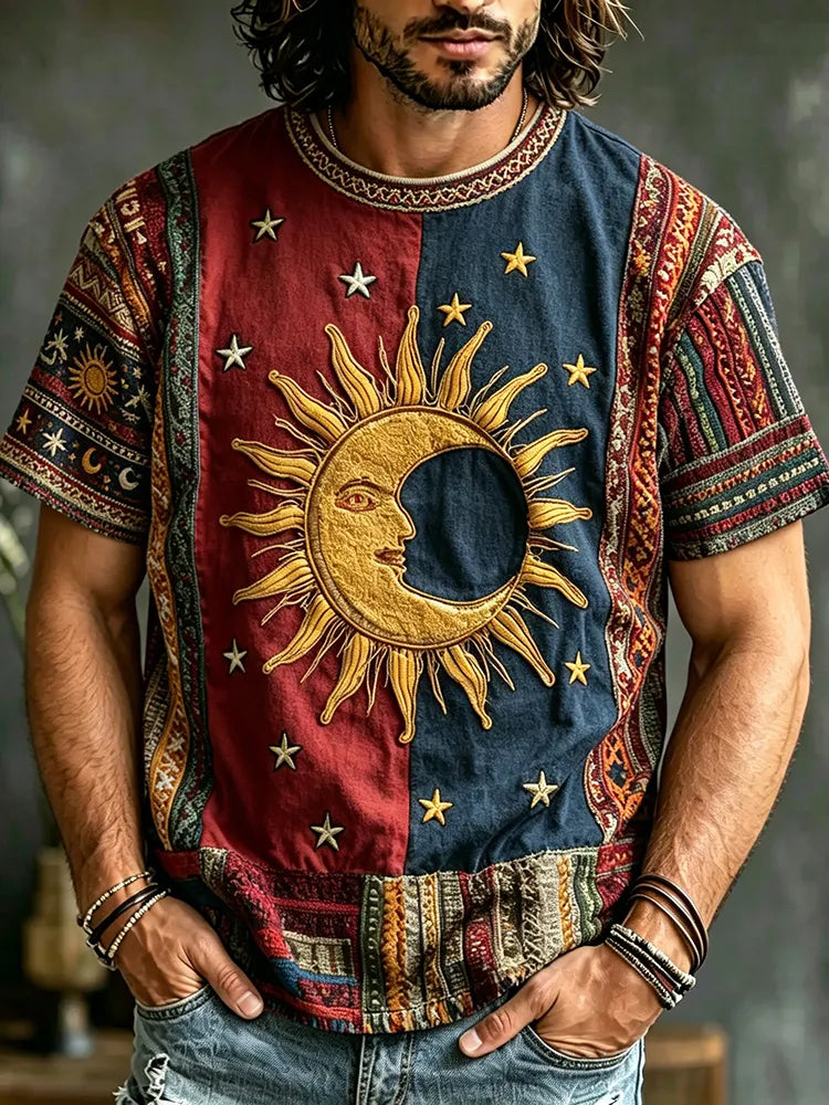 Men's Retro Hippie Style Artistic Sun And Moon Print Casual T-shirt