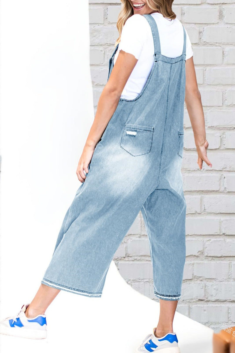 Women's Casual Adjustable Straps Denim Bib Overalls Distressed Ripped Wide Leg Jeans Long Pants Jumpsuits