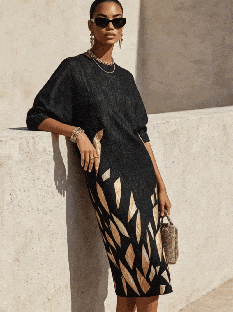 Black Oversized Textured Print Midi Dress