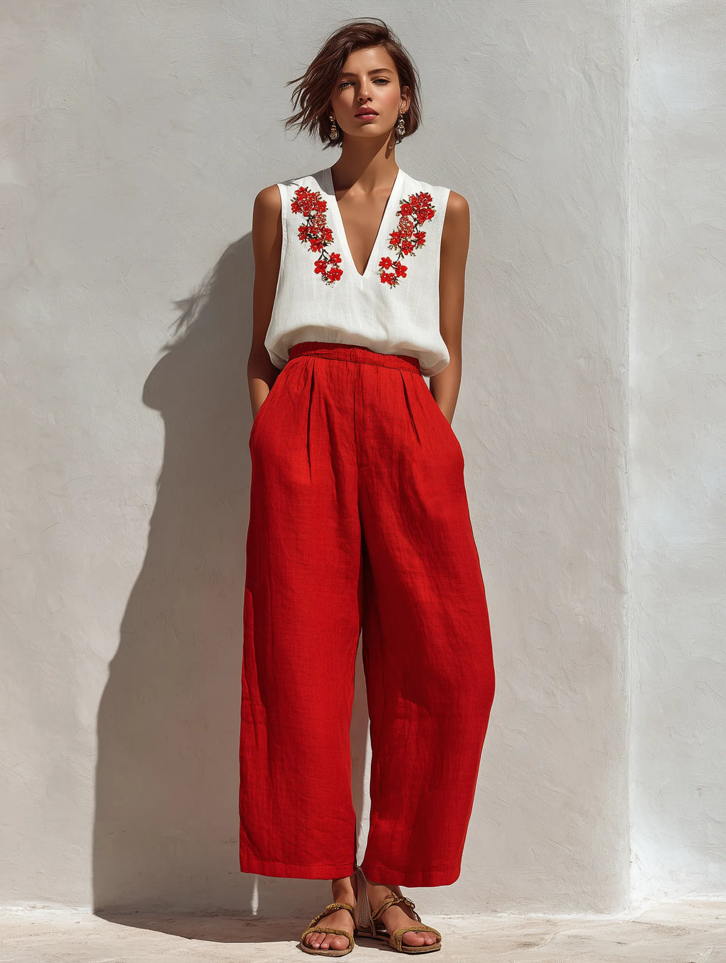 Women’s White Sleeveless Floral Embroidered Linen Top & Red High-Waisted Wide-Leg Pants Two-Piece Set MDZ2803D3T