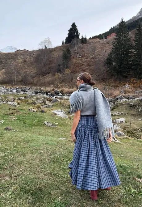 Navy Plaid High-Waist A-Line Skirt