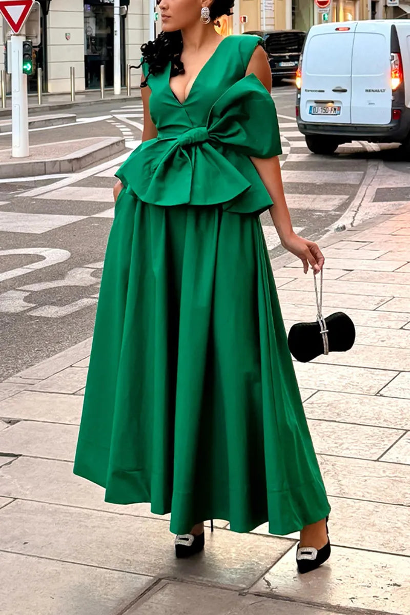 Women's Fashion V-Neck Bow Vset Skirt Set