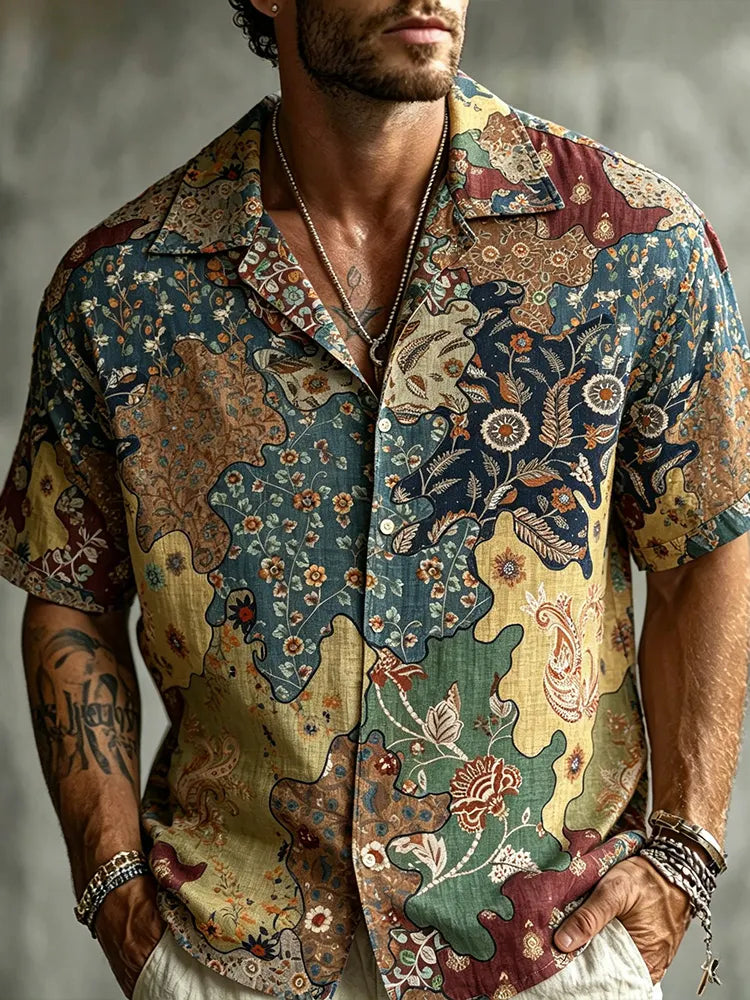 Men's Plant Floral Art Geometric Patchwork Print Casual Short Sleeve Linen Shirt