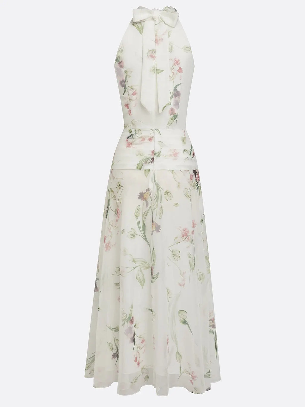 White Ruched Floral Chiffon Halter Neck Sleeveless A-Line Floor-length Gown Dress