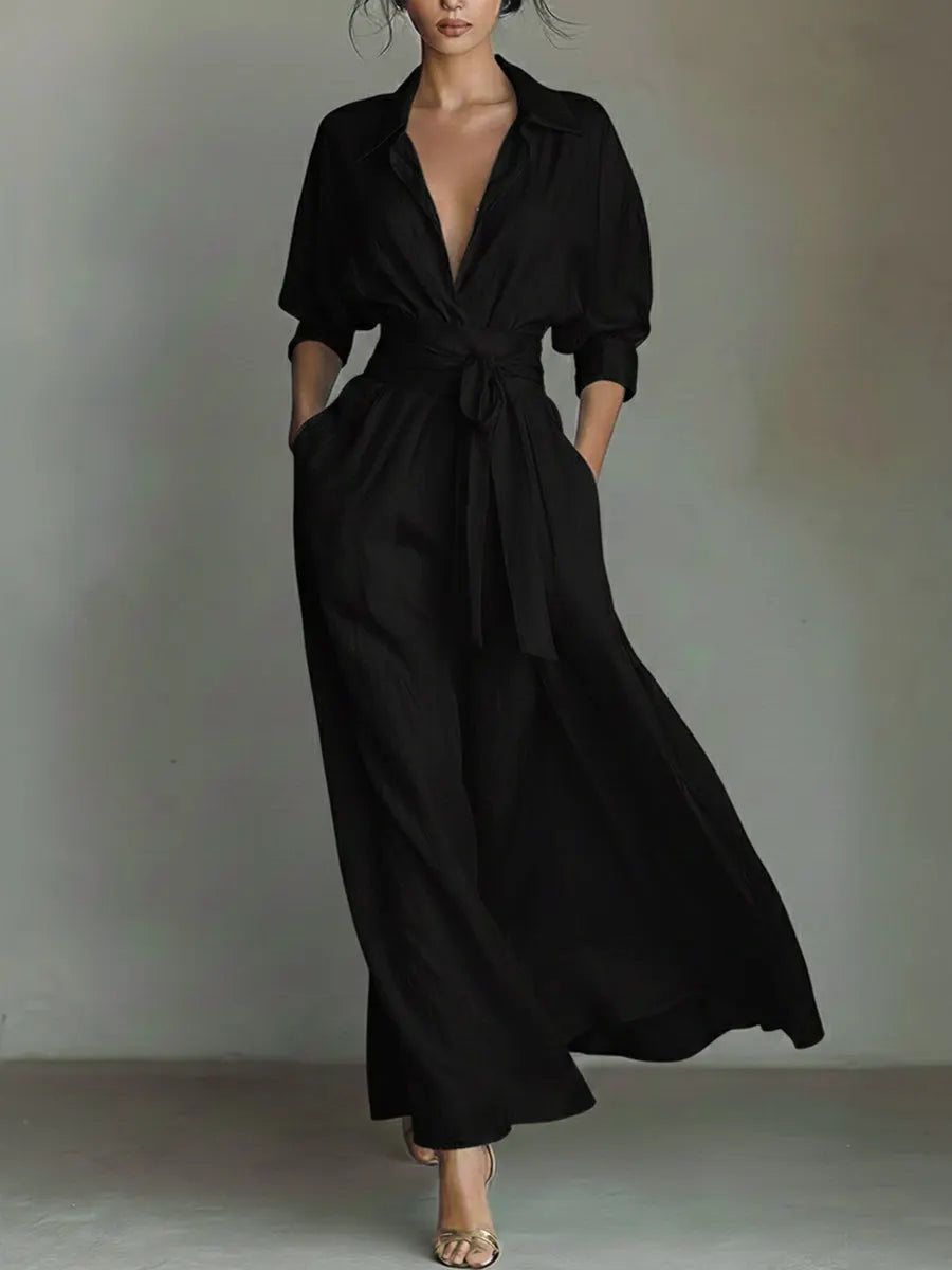 Waist-cinching Shirt-style Maxi Linen And Cotton Dress