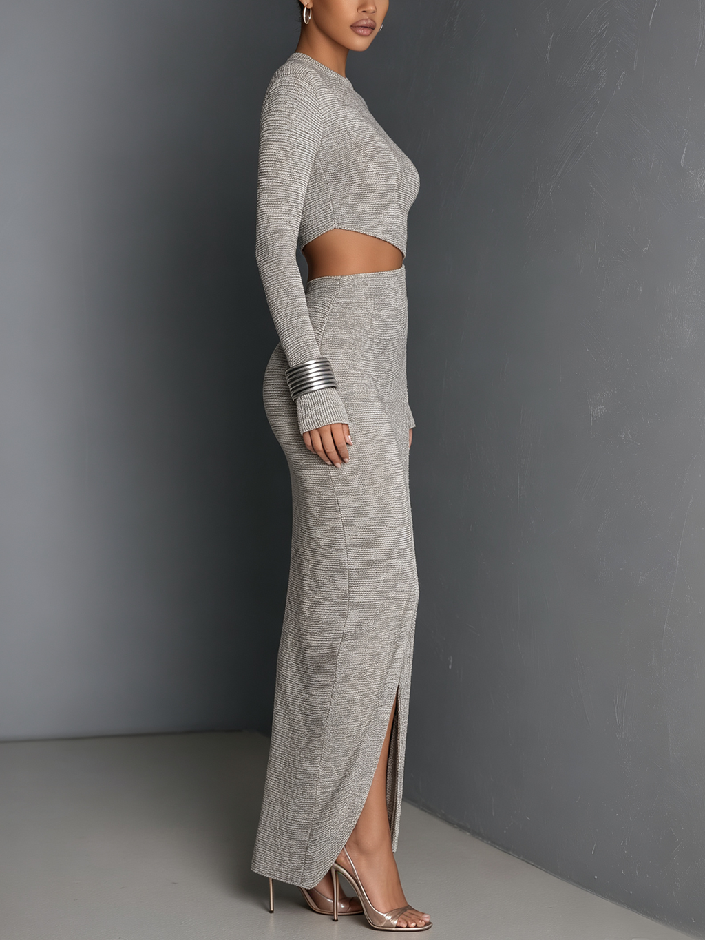 Gray Textured Cutout Long Sleeve Maxi Dress