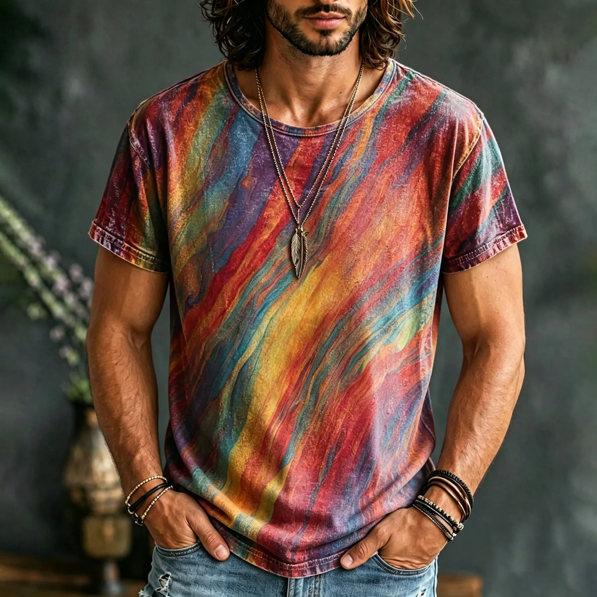 Men's Hippie Tie Dye Stripe Print T-shirt