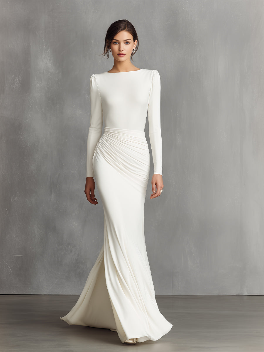 Women's White Elegant Satin Ruched Mermaid Maxi Dress MDA0910I5I