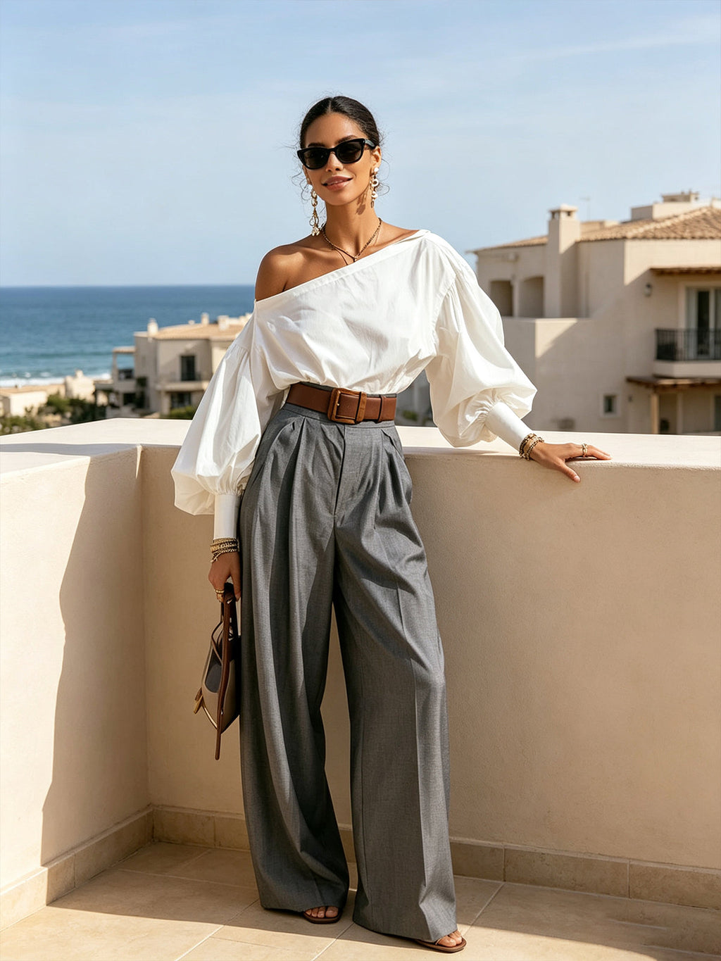 Ivory Off-Shoulder Balloon Sleeve Cotton Blouse