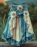 Summer Vacation Ruffle Lace Contrast Color Denim Skirt 9083