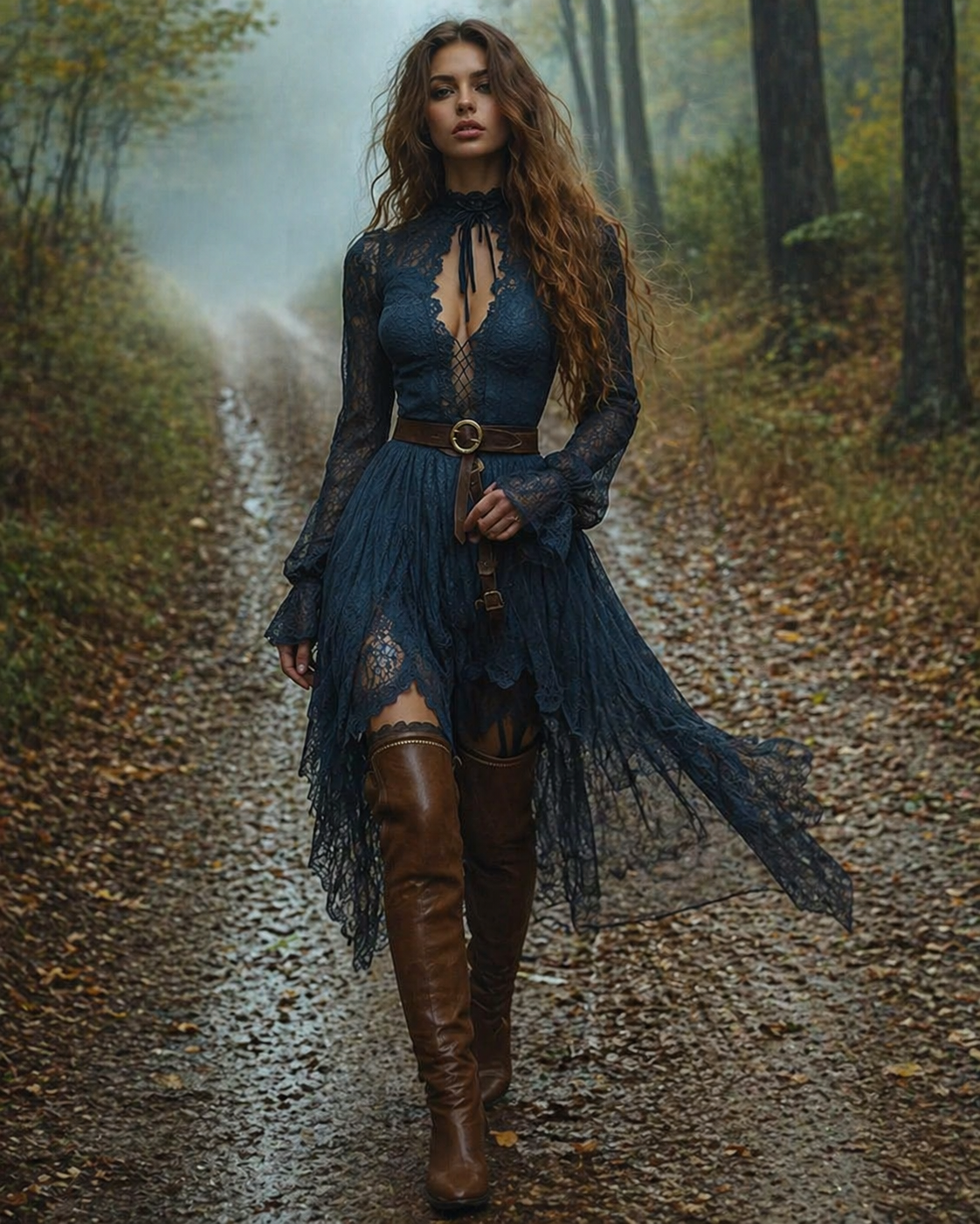 Dark Lace Western-Boho Midi Dress with Tie Neck