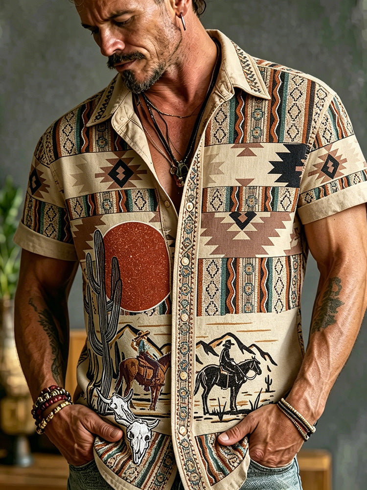 Navajo Western Cowboy Cactus Desert Print Short Sleeve Shirt For Men, Vintage Aztec Tribal Pattern Camp Collar Casual Summer Button Up Top