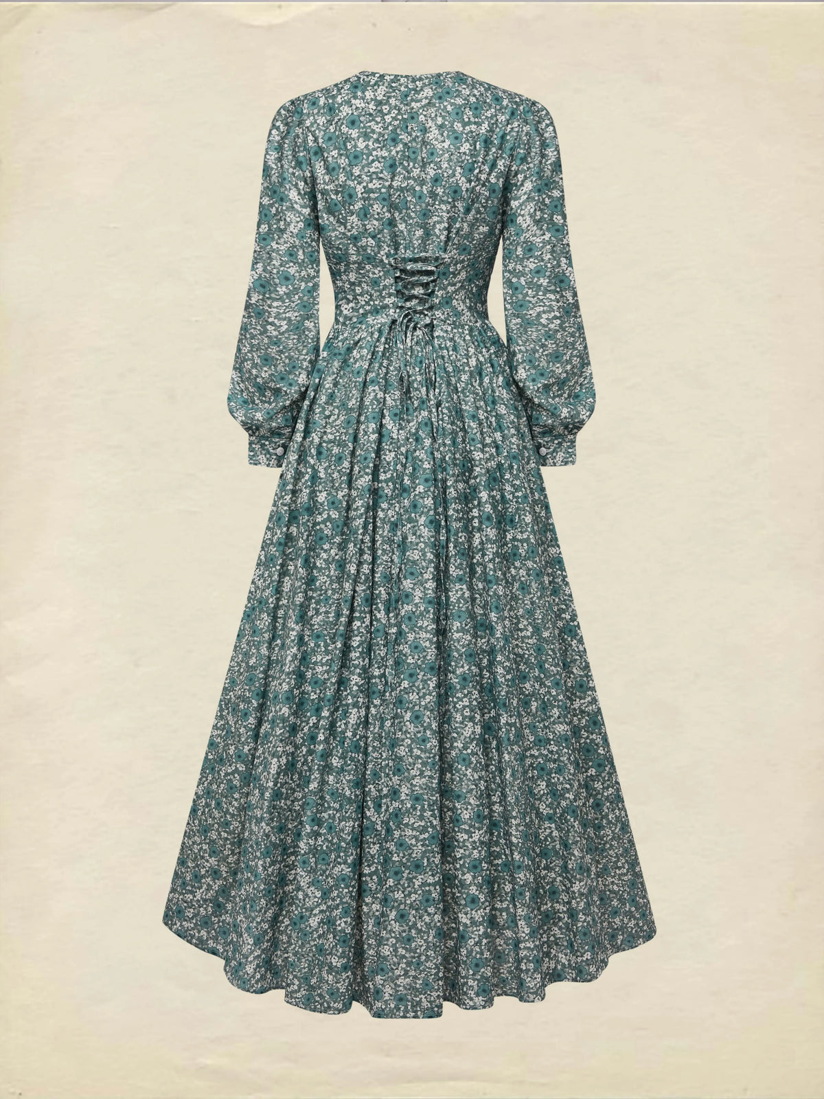 Maxi Linen Dress, Long Sleeves, V Neck, Floral, Button Design, Vintage, Green