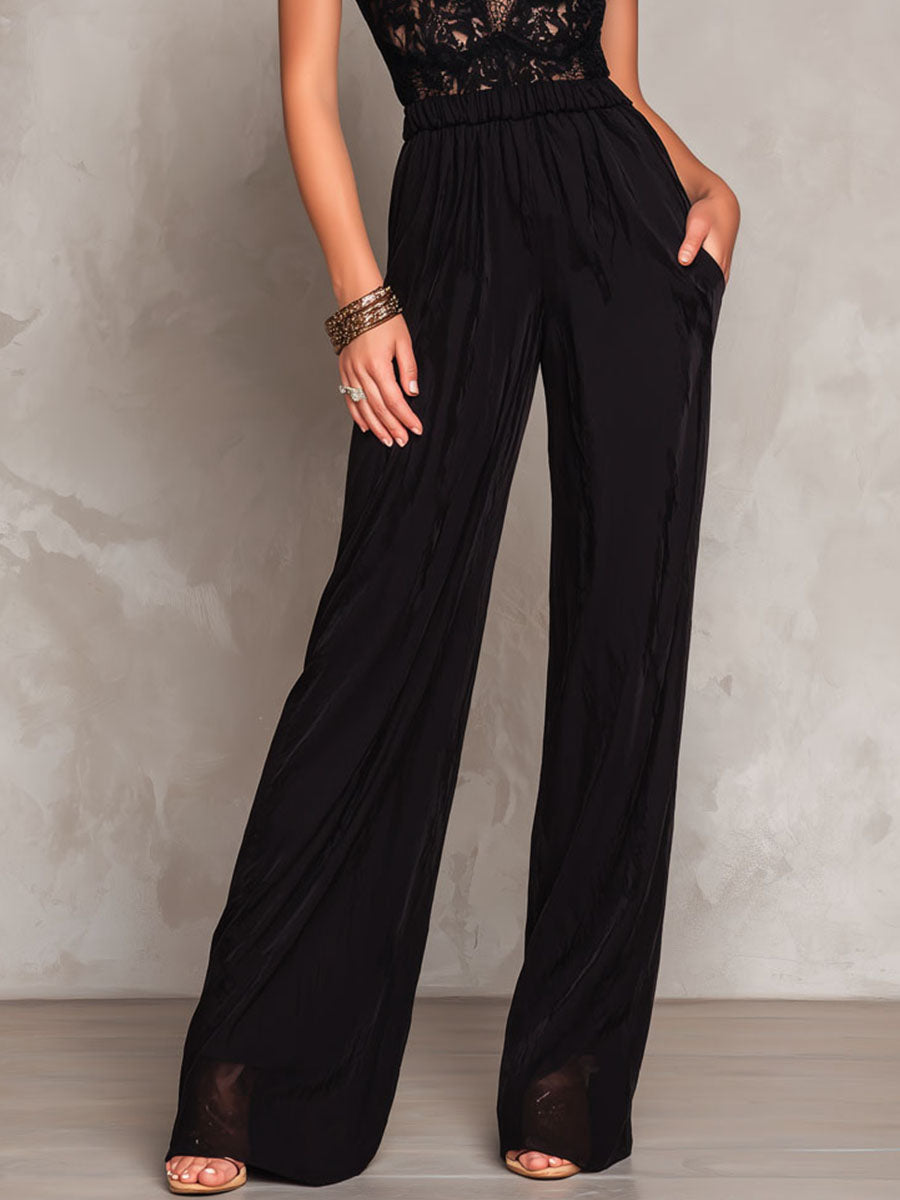 Romantic Black Lace Sheer Deep V-Neck Wide-Leg Evening Jumpsuit