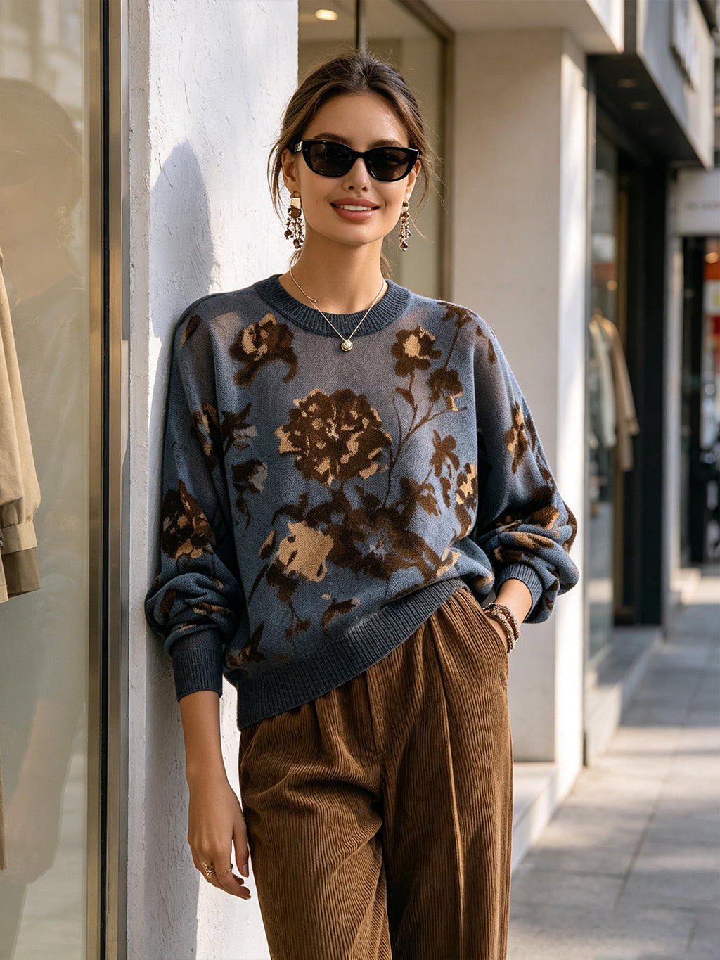 Blue Floral Oversized Knit Sweater