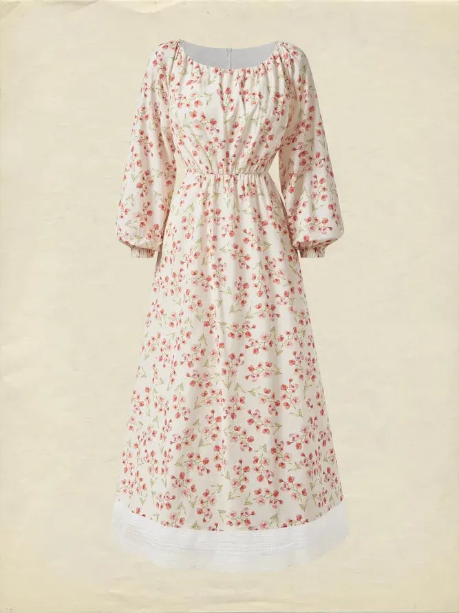 Cotton And Linen Floral Regular Fit Long Sleeve Elegant Dress, Pink