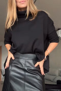 Women Temperament High Neck Top or Spliced Leather Skirt