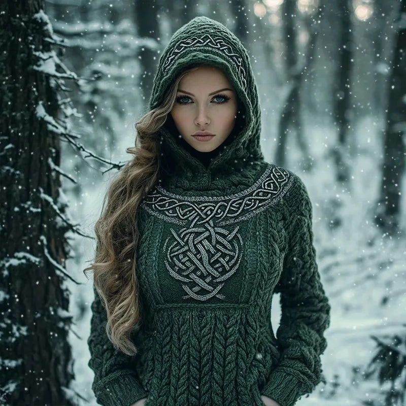 Women's Celtic Knot Pattern Chunky Knit Hooded Sweater