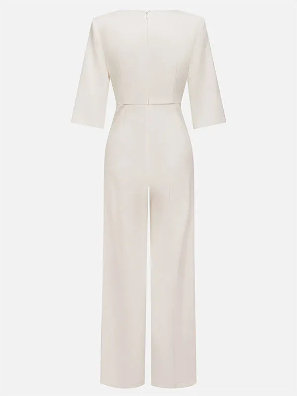 Loose Solid Color Split-Joint Round-Neck Jumpsuits